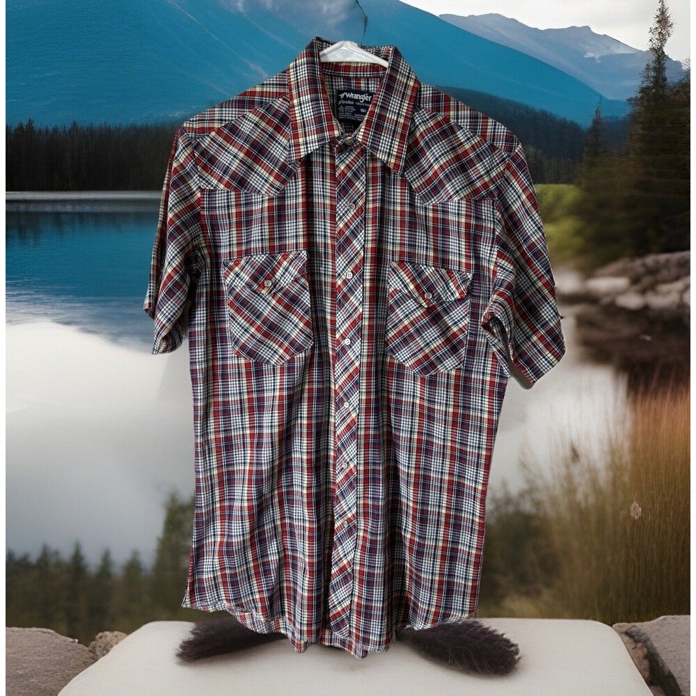 VTG Wrangler Mens Plaid Shirt X-Long Tails‎ Tailored 15.5 Cowboy cut Deadstock